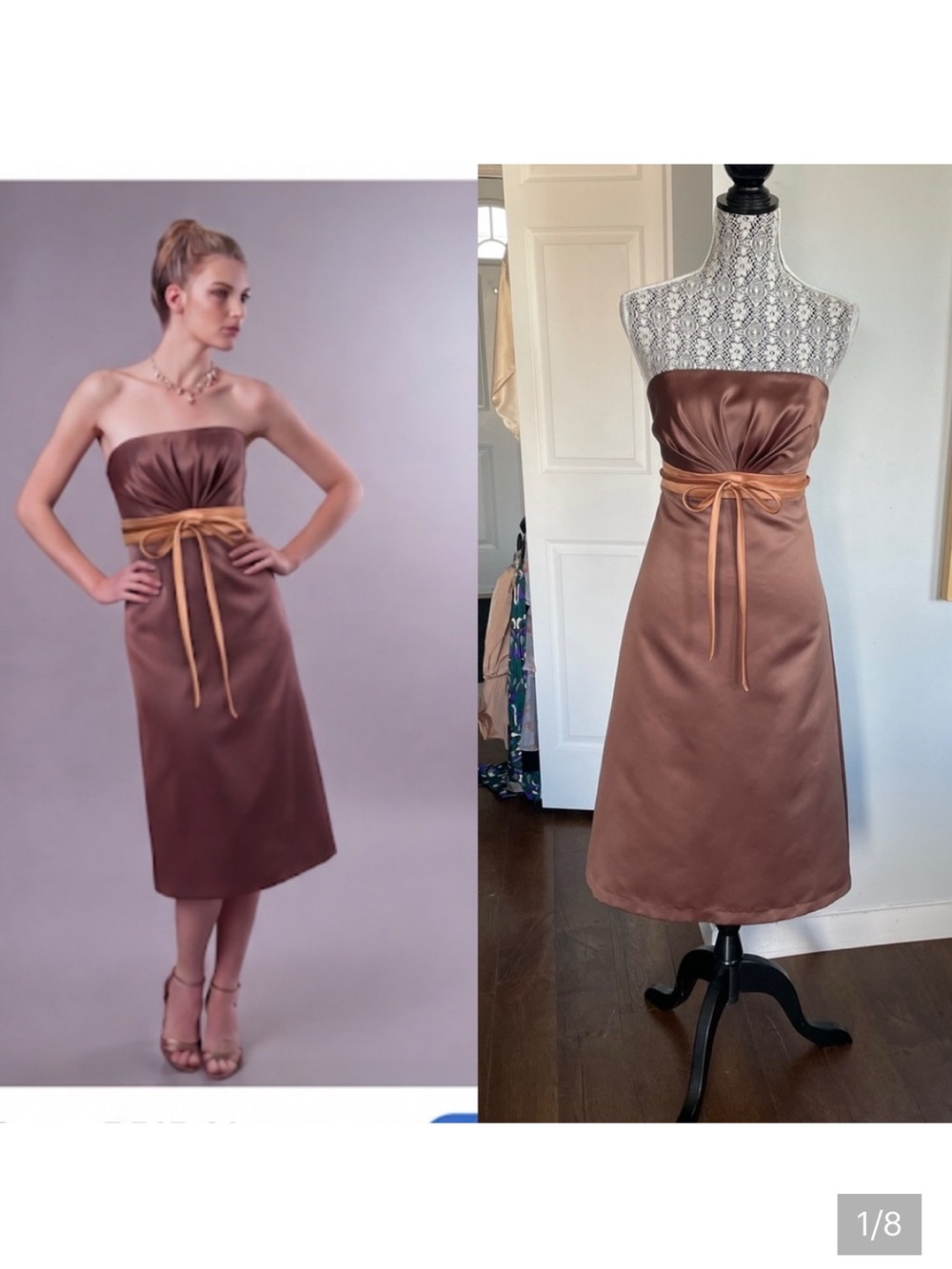 Vintage Alfred Sung Satin Strapless Gown Midi Dress. Size 6. Colour Latte.